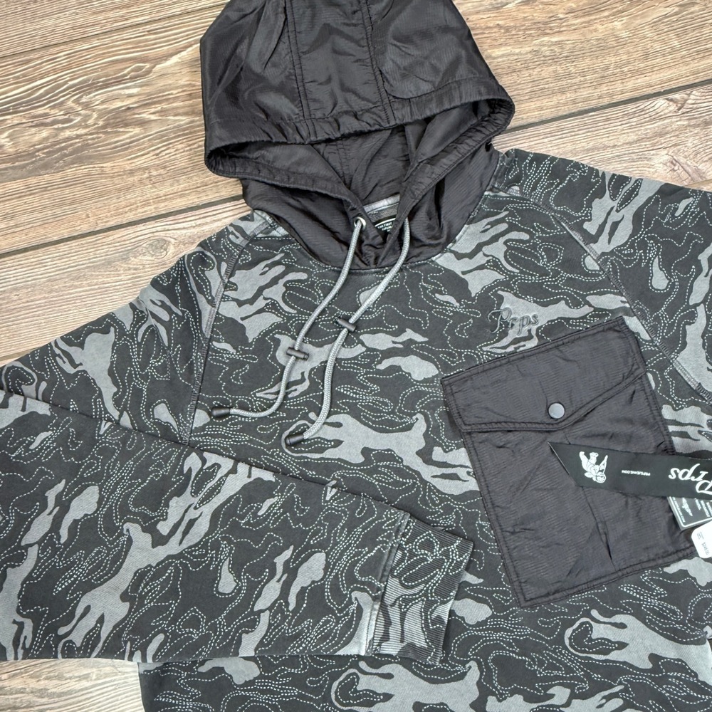PRPS Goods & Co Camo Hoodie Mens Size XXL Black‎ Grey Mixed Media E109S42 NWT